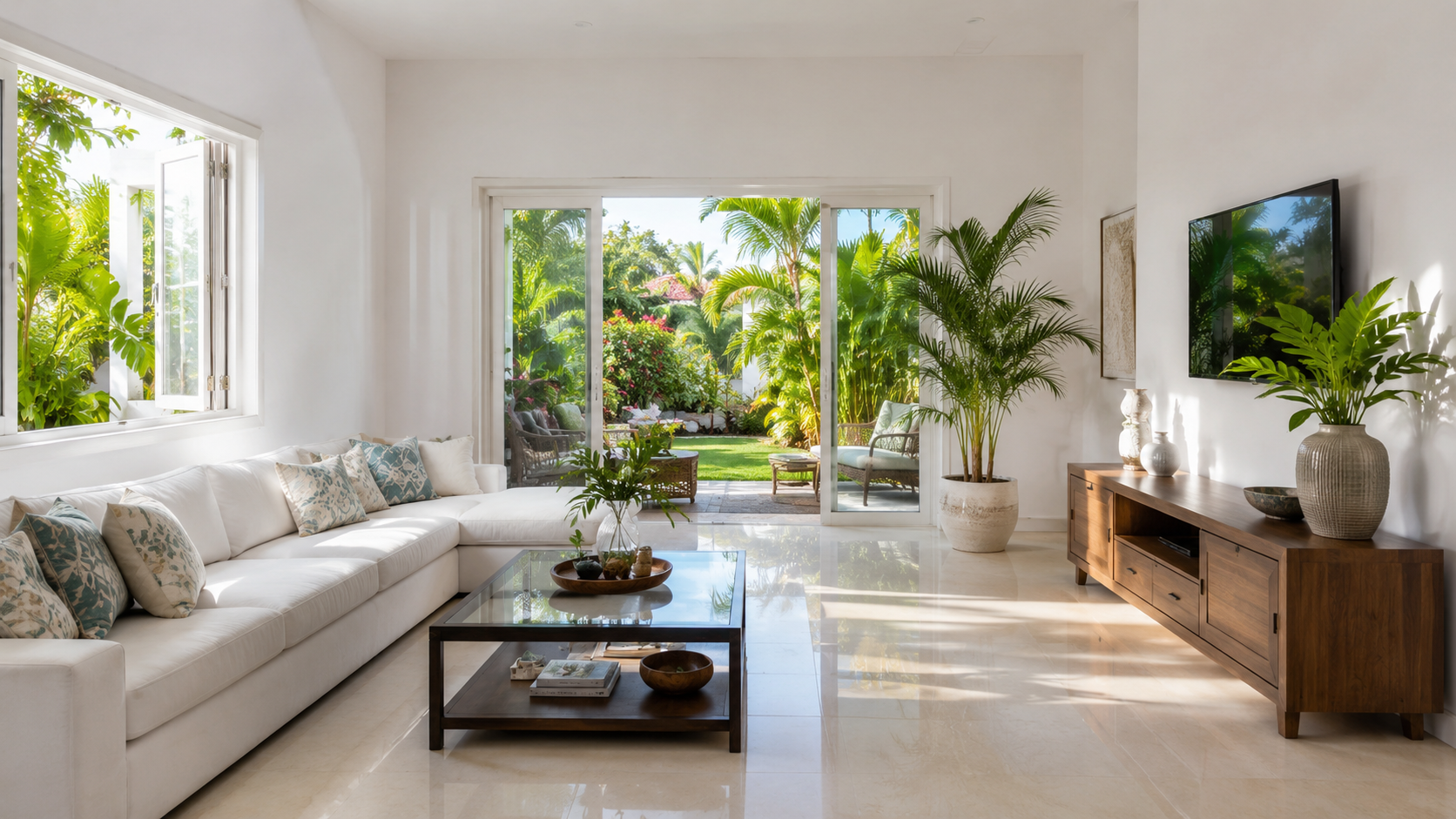 Sala luminosa de hogar dominicano limpio y ordenado — sistema de limpieza integral en Santo Domingo